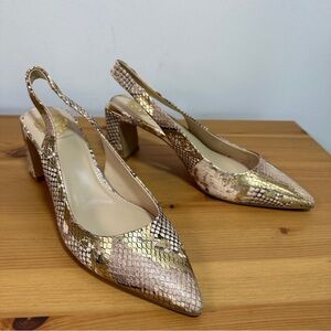 Vince Camuto | Hamden Slingback Pumps | Gold Metallic Snake Print Pointed Toe
